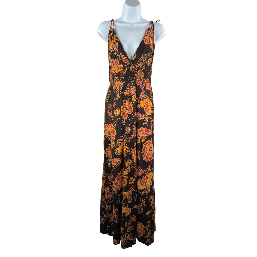 Patrons of‎ Peace Brown Floral tropical Maxi Dress Smocked Bodice beach sz S